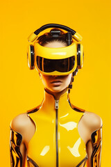 a beautiful athletic girl with a vr headset and a yellow latex suit, immersed in virtual reality and