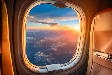 Wall Mural - amazing sunrise view from airplane window ai generated art 