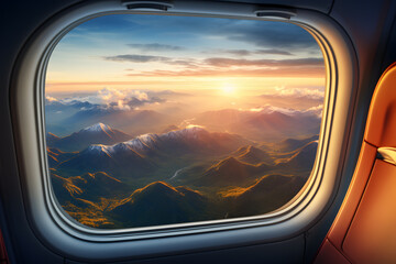 Wall Mural - sunrise at mountains view from the window of airplane ai generated art