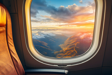 Wall Mural - amazing mountain sunset view from the window of airplane ai generated art 