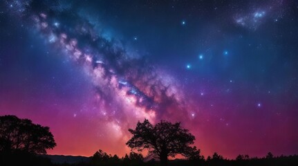 Beautiful nighttime landscape with a galaxy in the sky and the Milky Way in the background. 