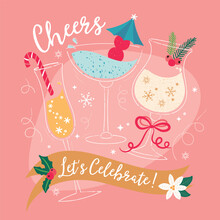 Fun, Colourful Christmas Party Drinks Collection, Set For Card, Menu, Invitation For Festive Party Season.
