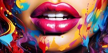 Woman's Mouth With Colorful Lips And A Smile In The Style Of Psychedelic Pop Art Created With Generative AI Technology
