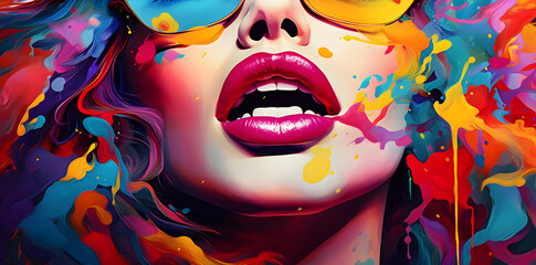 Wall Mural - woman's mouth with colorful lips and a smile in the style of psychedelic pop art created with genera