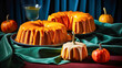 Homemade tasty baked bundt pumpkin cakes with glaze on top with pumpkin, candle and cup on velvet cloth background