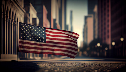 American flag in the city with blur background, memorial day, american flag on the street, Ai generated image 