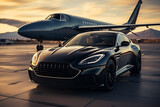 Luxury car and private jet on landing strip. Business class service at the airport.