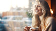 © Nataliia - Smiling young blond woman enjoying in her coffee time by the window in cold day. Mental health day. Emotions of happiness and peace of mind.Generative Ai content.