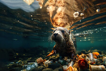 Lion Marine In The Ocean With Plastic Garbage .Ecology And Environment Concept, Generative Ai