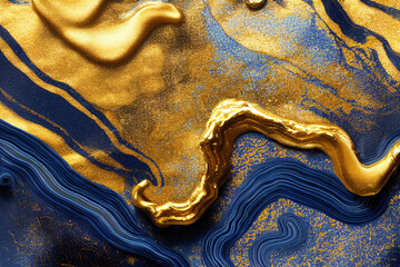 Poster - Blue and golden acrylic liquid ink swirl abstract background with ravishing turbulence wavy pattern and detailed texture. Luxury fluid liquid art by Generative AI.