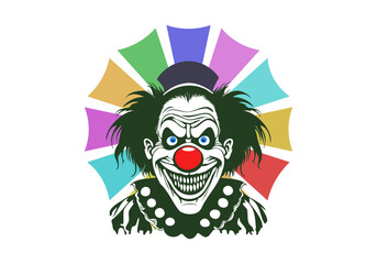 Wall Mural - Vector graphic green scary smiling toothy sinister clown with red nose and hat. Circus freak. Sticker or icon. White isolated background.