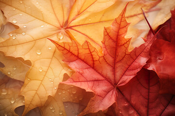 Closeup of beautiful wet colored autumn maple tree leaves.