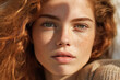 Beauty portrait of a European freckled red-haired woman.