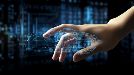 Human with five finger in hand touch 3d screen with high tech information technology background