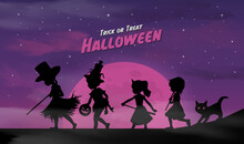 Happy Halloween Banner Or Party Invitation Background With Childrens On Violet Clouds Background