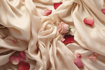 Pink rose petals scattered over silk satin bed sheets. Romantic visual.