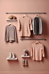 Wall Mural - Minimalistic women's closet against a simple pastel colored wall. Vertical story format, creative concept of classic women's closet with hangers.