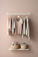 Wall Mural - Minimalistic women's closet against a simple pastel colored wall. Vertical story format, creative concept of classic women's closet with hangers.