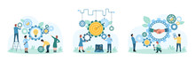 Business Partnership, Teamwork And Business Process Control Set Vector Illustration. Cartoon Tiny People Work With Automated Machine With Gears And Wheels, Partners Handshake And Light Bulb Inside