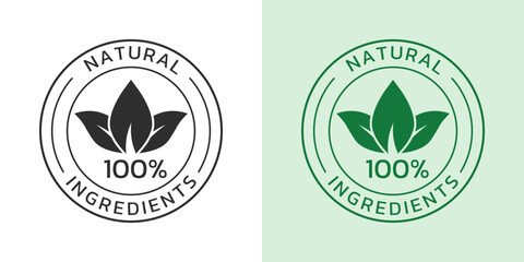 natural ingredients icon, label or logo. organic food, pure product seal or sticker with leaf. 100 p