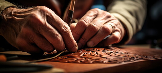 Wall Mural - Leathersmith or leather craftsman engraving a thick piece of brown-tanned leather. Hand edited Generative AI.
