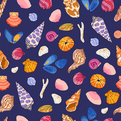 Wall Mural - Color Seashell seamless pattern vector. Ocean reef underwater creature illustration for cover, wallpaper, textile, fabric, wrapping paper