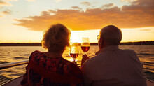 Senior Couple Enjoying Sunset From Sailing Boat. Generative AI