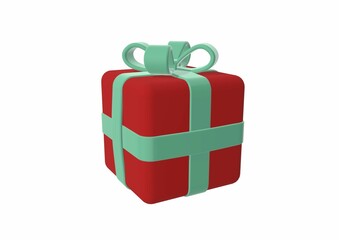 Poster - 3D render of a red Christmas gift box with green ribbon on the white background