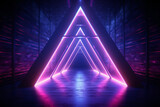 Fototapeta Do przedpokoju - Neon light abstract background. Triangle tunnel or corridor violet neon glowing lights. Laser lines and LED technology create glow in dark room. Cyber club neon light stage room.