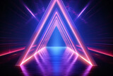 Fototapeta Perspektywa 3d - Neon light abstract background. Triangle tunnel or corridor violet neon glowing lights. Laser lines and LED technology create glow in dark room. Cyber club neon light stage room.