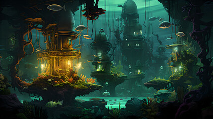 Sticker - underwater city steampunk surrealism generative AI