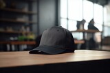 Fototapeta  - Baseball cap on a wooden table in a cafe or restaurant.