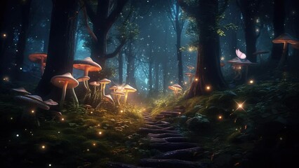 Poster - glow mushroom, butterfly & firefly in mithycal fantasy forest