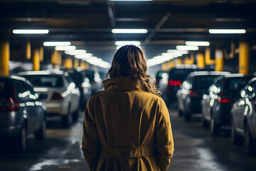 Wall Mural - Adult woman tourist in underground airport parking lot 