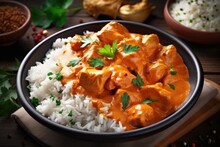 Chicken Tikka Masala With Rice In A Bowl On Wooden Background