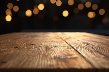 Wall Mural - wooden table in front of defocused lights. festive background
