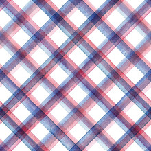 Watercolor Gingham Stripe Plaid Seamless Pattern. Color Blue And Red Stripes Background.