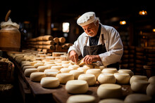 The Cheese Maker Controls The Seasonings, Many Wheels Of Parmesan Cheese Are Ripened In An Ancient Tradition For Many Months On The Shelves Of A Warehouse In A Dairy Factory.