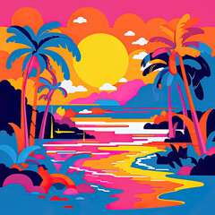 Wall Mural - Abstract coast at sunset, bright neon matisse style, ai colorful gouache illustration, cartoon summer landscape, sea ocean palms, vacation. Modern fashion background created by artificial intelligence