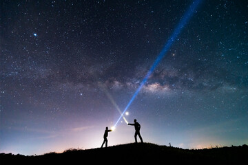 beautiful, wide blue night sky with stars and Milky way galaxy. Astronomy, orientation, clear sky concept and background.