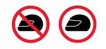 Do Not Enter With Full Face Helmet Sign. Caution Icon. Motorcycle Or Scooter Helmet With Visor And Glasses. Forbidden Or Remove Helmets. Prohibited, Allowed Wearing Helmet For  Motorbike Or Motor.