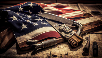 Labor day american flag and pliers tools, USA flag on a wooden background Ai generated image