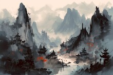Ink Brush Strokes Mountains Landscape, Watercolor. Generative AI