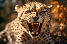 Fierce Roaring Jaguar Close-up: Aggressive Wildlife With Open Mouth, Whiskers, And Intense Anger - AI Generated
