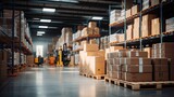 Retail warehouse full of shelves with goods in cartons, with pallets and forklifts. Logistics and transportation blurred background. Product distribution center. 