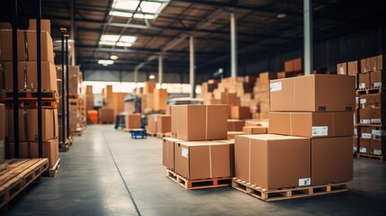 Retail warehouse full of shelves with goods in cartons, with pallets and forklifts. Logistics and transportation blurred background. Product distribution center. Generative ai