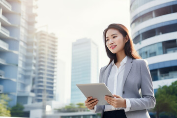 Wall Mural - Smiling young Asian business woman leader entrepreneur, professional manager holding digital tablet computer generative ai