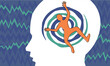 human body figure falling into spiral depression in head profile for mental health concept illustration