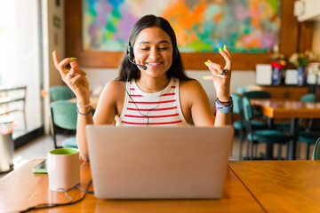 Wall Mural - Happy customer service agent doing remote work