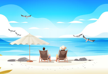 Wall Mural - man woman couple sitting together under umbrella on tropical beach summer vacation time to travel concept